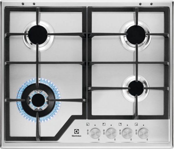 Placa de gas ELECTROLUX KGS6436SX 4 zonas de cocción gas propano acero inox gris con encendido integrado 60cm